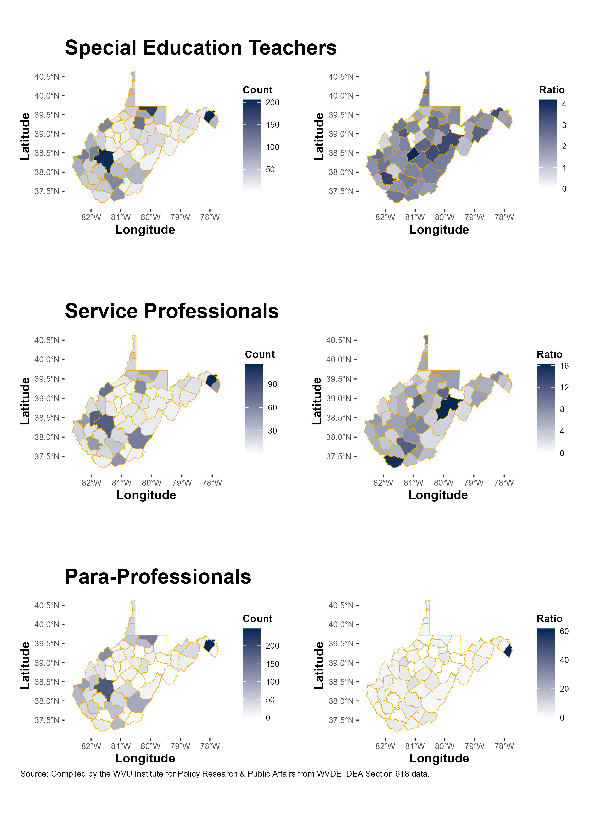 Figure 10: County chloropleth maps for the rates of students to teachers, service professionals, and para-professionals.