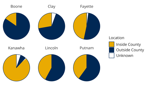 Pie charts that depict the services inside outside and unknown in each county. Full details in Table 1