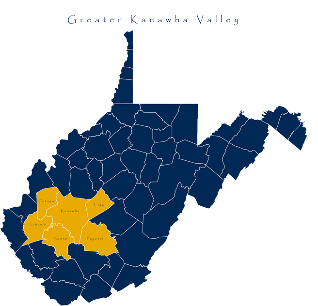 Teh Greater Kanawha Service Area is depicted on a WV map by highlighting the counties of Putnam, Lincoln, Boone, Kanawha, Clay and Fayette