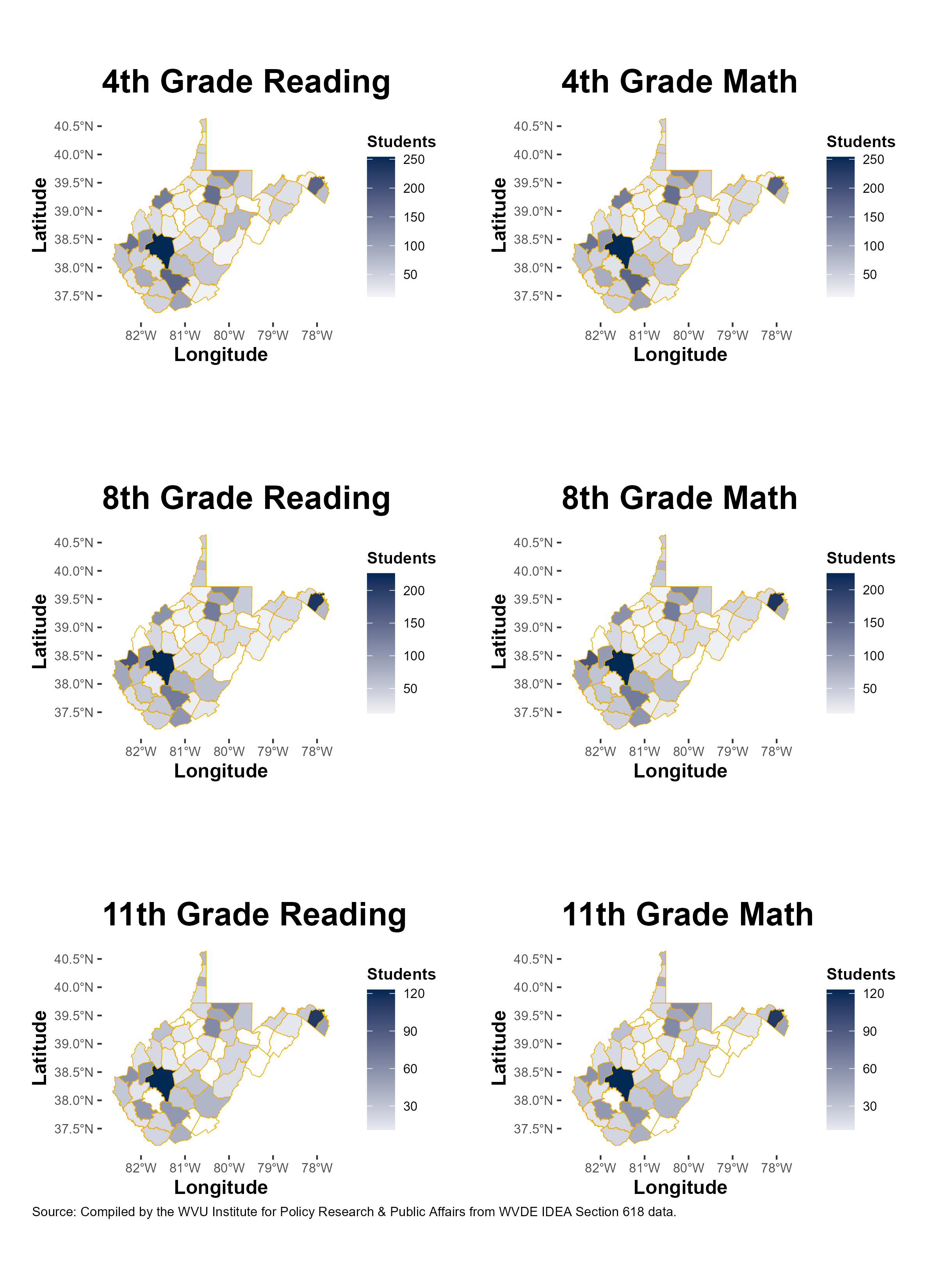 Figure 9: Three sets of chloropleth county maps for reading and math in fourth, eighth, and eleventh grades.